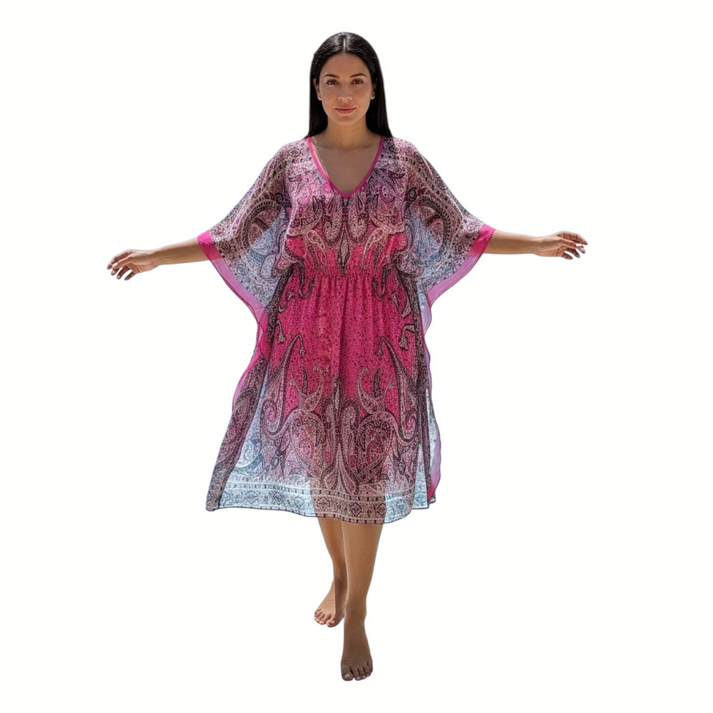 MPH Collection 3X Pink Paisley Kaftan Dress Chiffon Lined Beach Cover Up V Neck